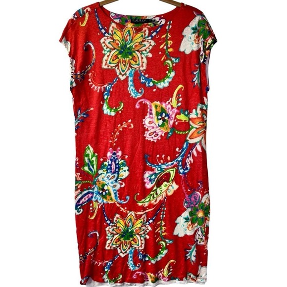 Lauren Ralph Lauren Women's Red Paisley Floral Linen Dress Cap Sleeve Size M - Picture 2 of 7